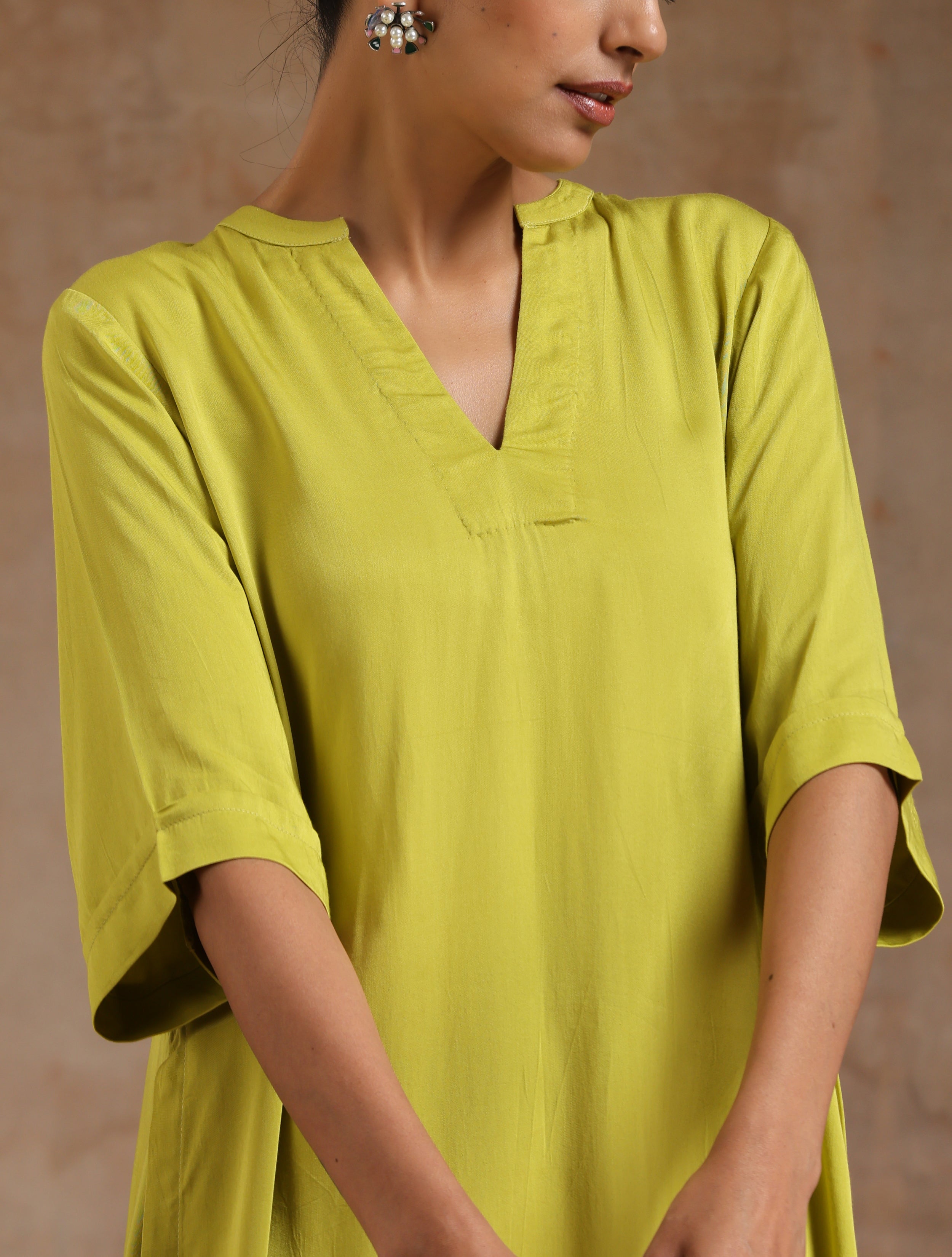 trueBrowns Lime Modal Satin High-Low Relax Kurta Set - Distacart