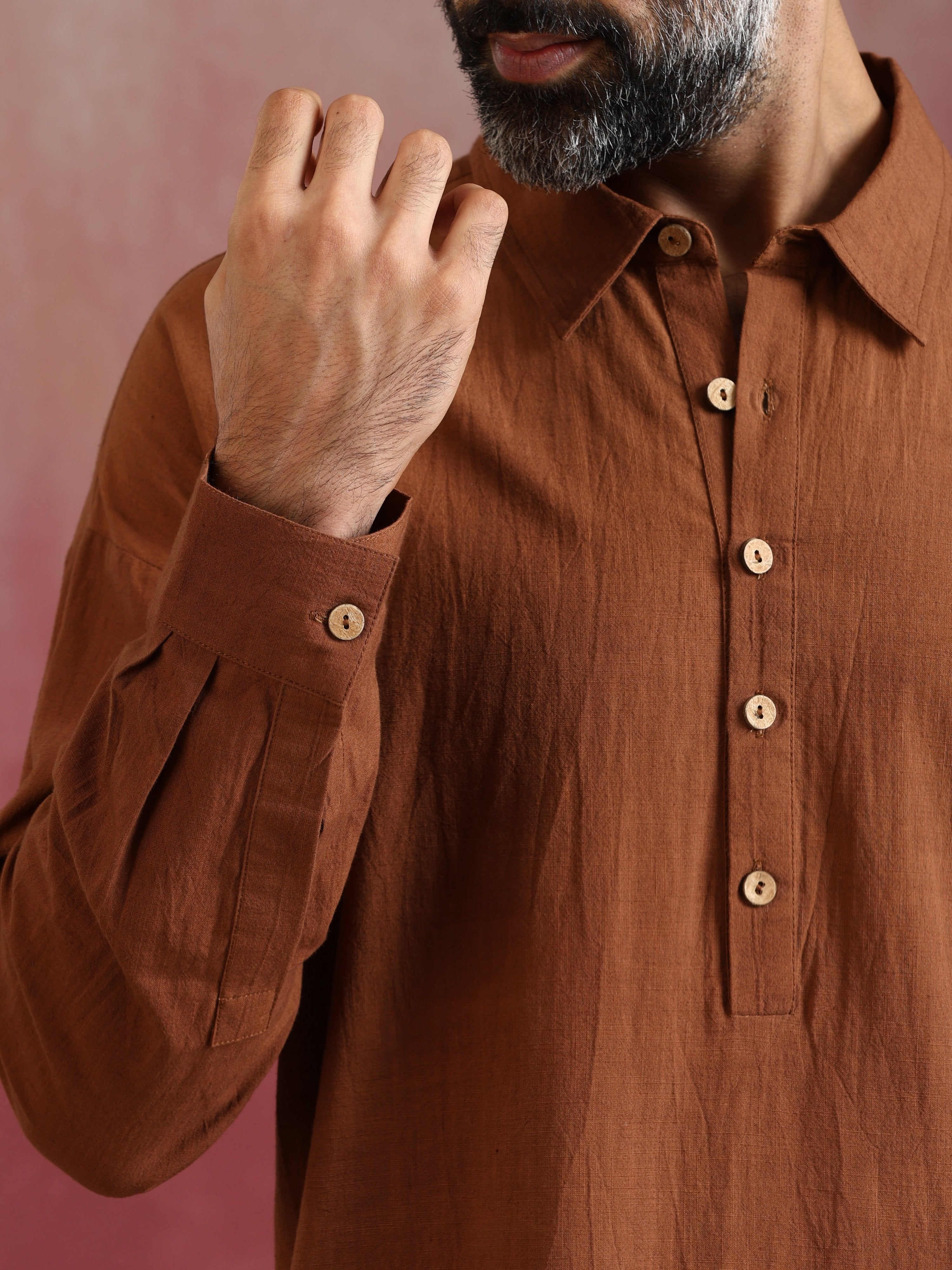 trueBrowns Men's Brown Cotton Shirt Collar Stylized Kurta Co-ord set