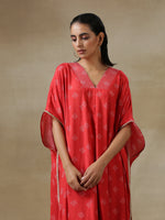 Thumbnail for trueBrowns Red Bandhani Printed Silk Panel Kaftan Kurta Pant Set - Distacart