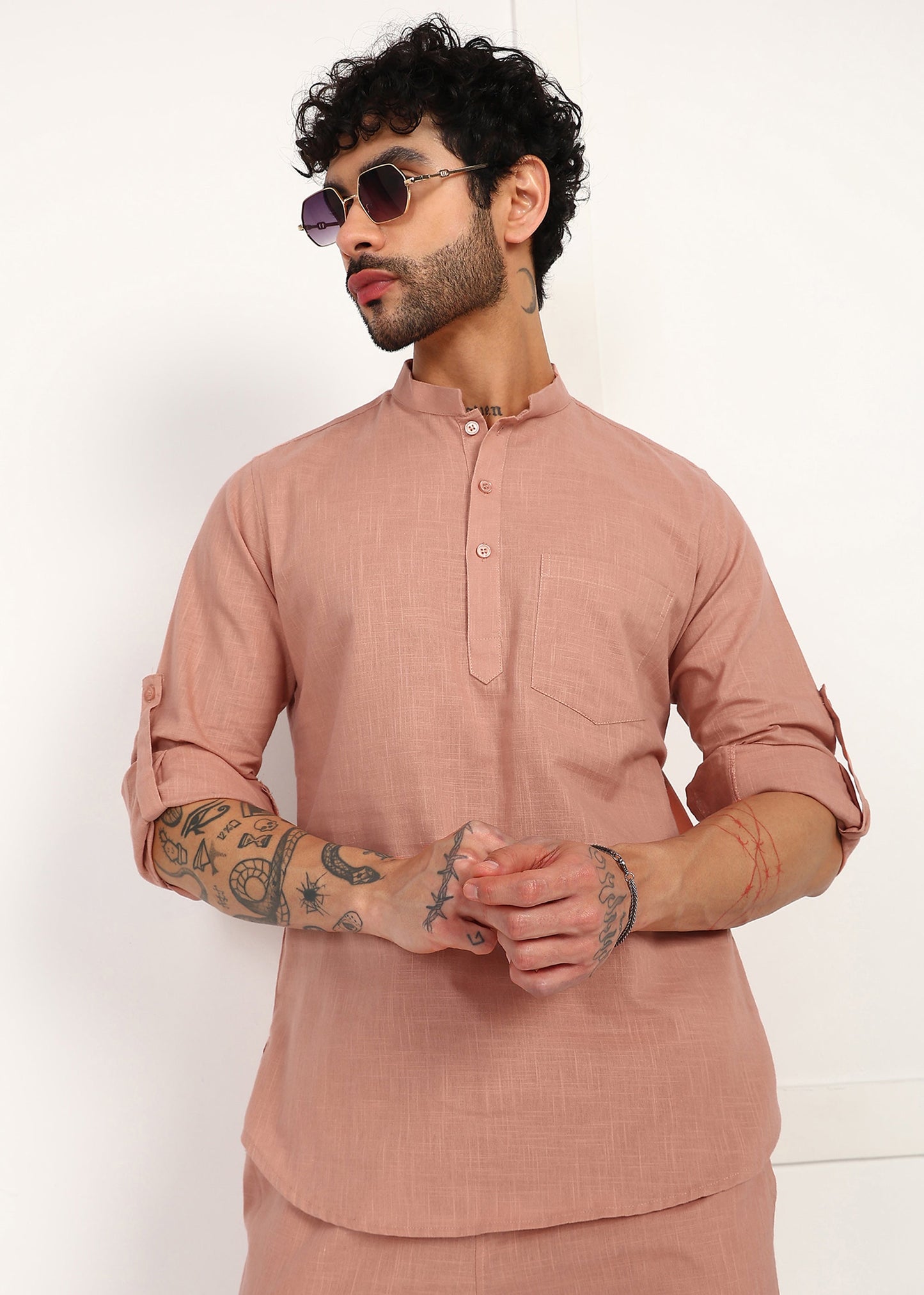 Fabmade Men’S Peach Linen Short Kurta Set - Distacart