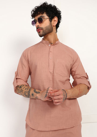 Fabmade Men’S Peach Linen Short Kurta Set - Distacart