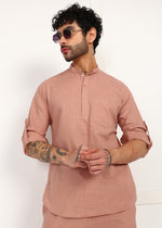 Thumbnail for Fabmade Men’S Peach Linen Short Kurta Set - Distacart