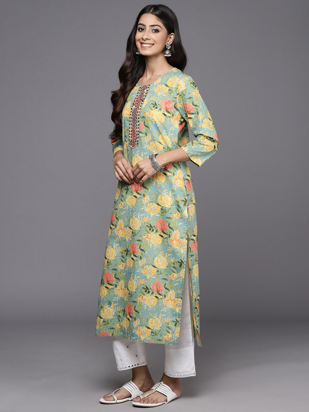Varanga Women Sea Green Floral Printed Mirror And Thread Embroidered Straight Kurta With Thtree Quarter Sleeves - Distacart
