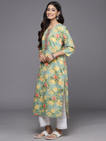 Thumbnail for Varanga Women Sea Green Floral Printed Mirror And Thread Embroidered Straight Kurta With Thtree Quarter Sleeves - Distacart