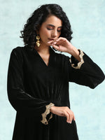 Thumbnail for trueBrowns Black Velvet Lace Kurta - Distacart
