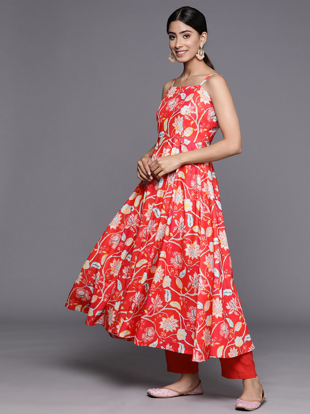 Varanga Women Red Floral Printed Anarkali Kurta Paired With Tonal Bottom And Dupatta - Distacart