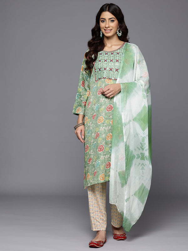 Varanga Women Mint Green Round Neck Embroidered Yoke Printed Kurta Paired With Printed Bottom & Tie-Dye Dupatta - Distacart