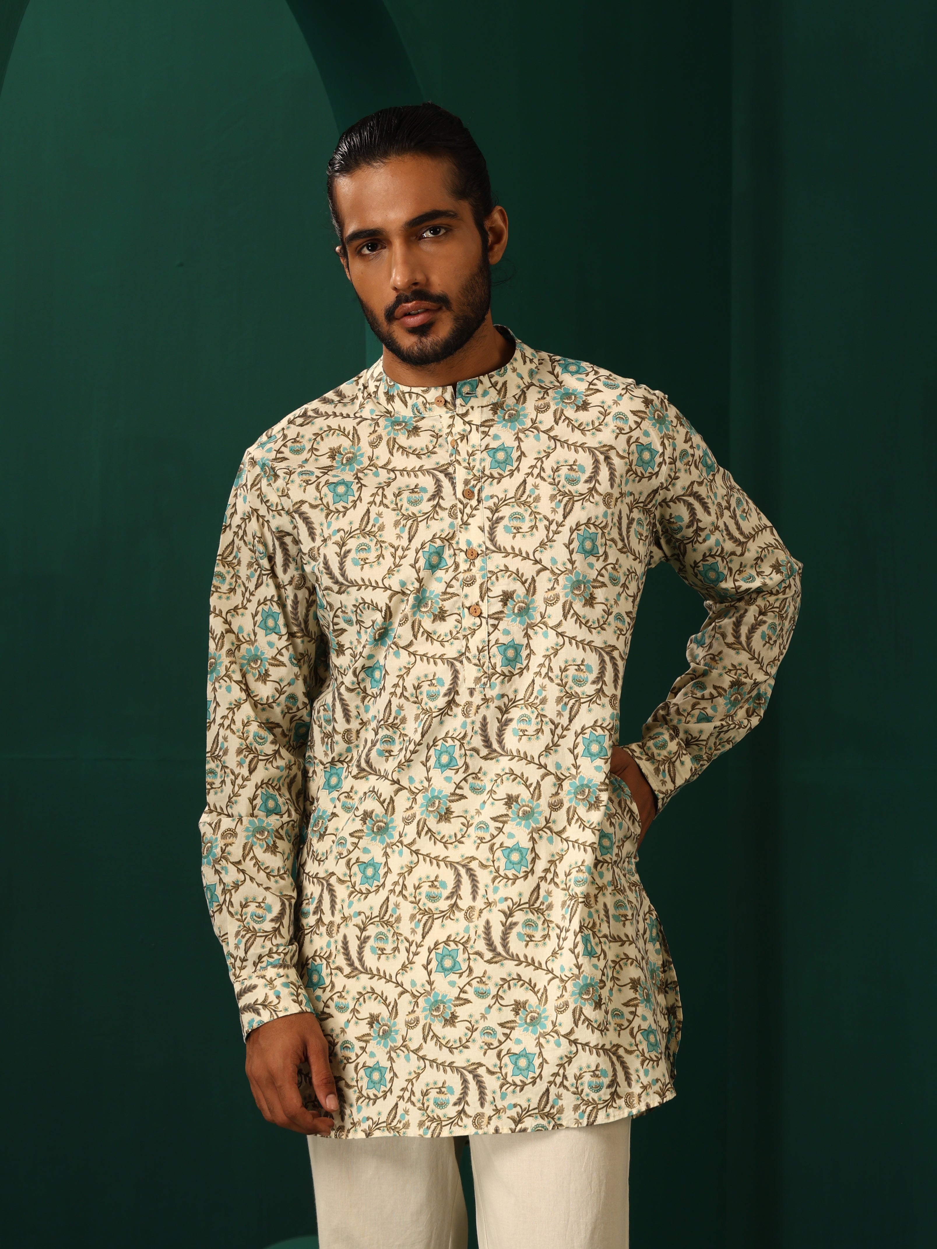 trueBrowns Men's Teal Floral Cotton Printed Co-ord Set - Distacart