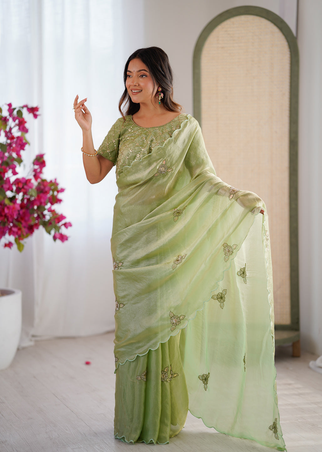 Evanik Designer Heavy Fendy Satin With Beads Embroidered Work Saree With Unstitched Blouse