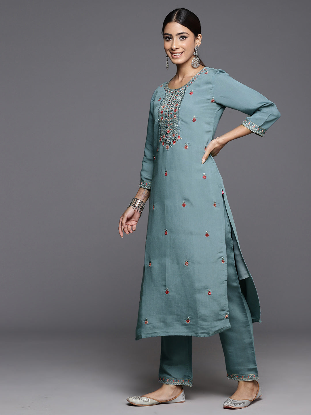 Varanga Women Blue Embroidered Straight Kurta Paired With Tonal Bottom And Embroidered Dupatta - Distacart