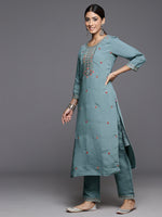 Thumbnail for Varanga Women Blue Embroidered Straight Kurta Paired With Tonal Bottom And Embroidered Dupatta - Distacart