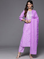 Thumbnail for Varanga Women Lavender Floral Printed Embroidered Kurta Paired With Bottom And Dupatta - Distacart