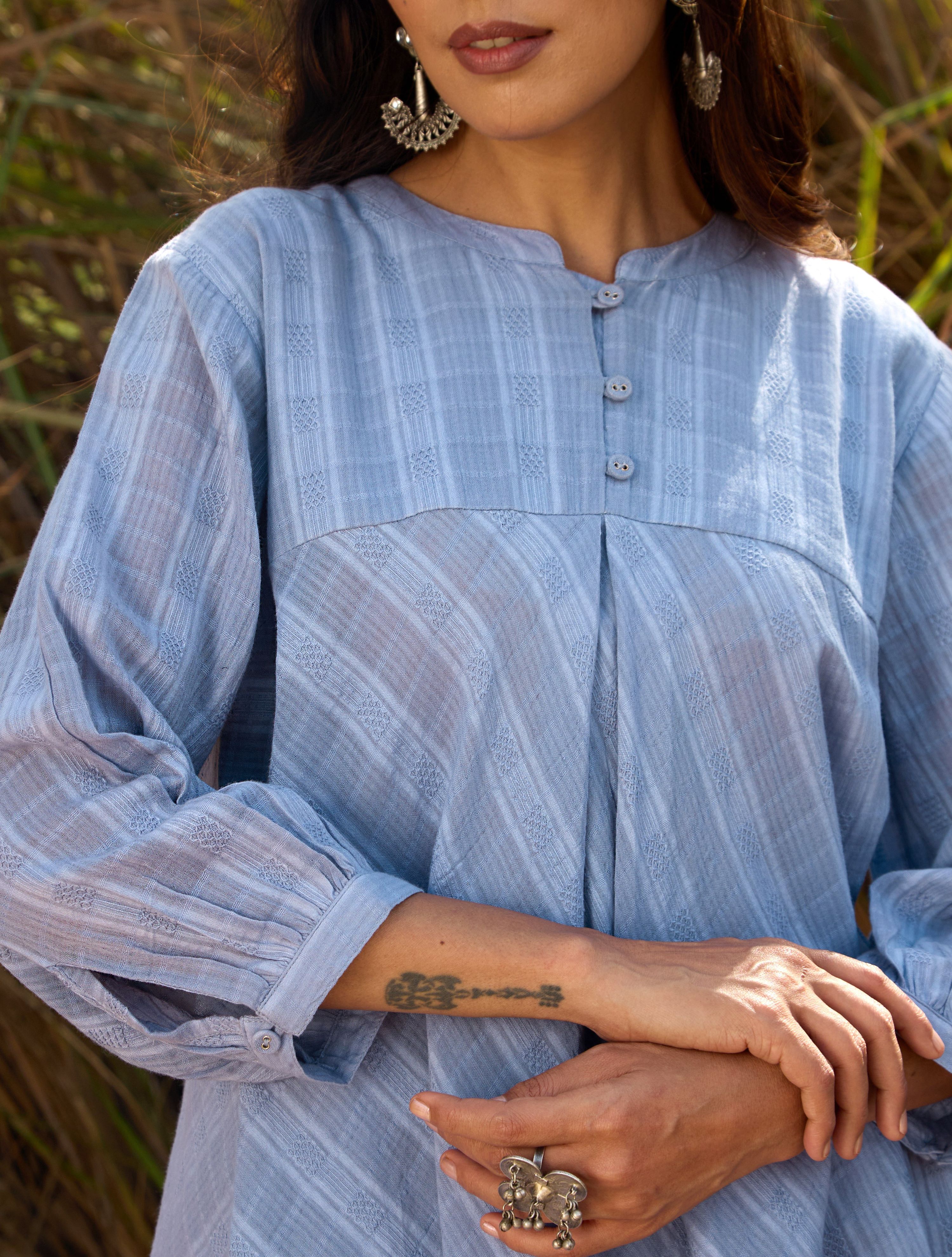 trueBrowns Light Blue Cotton Dobby Flared Co-ord Set