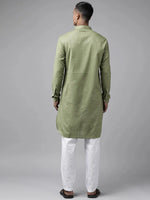 Thumbnail for Fabmade Pure Cotton Olive Green Printed Pathani Kurta Pyjama