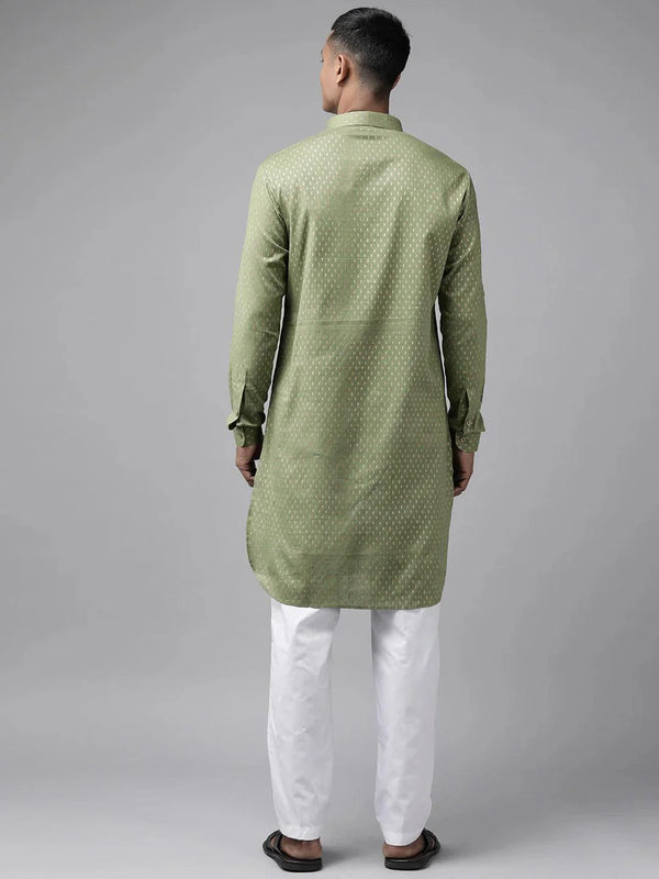 Fabmade Pure Cotton Olive Green Printed Pathani Kurta Pyjama