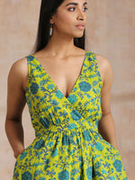 Thumbnail for trueBrowns Lime Green Overall Teal Floral Block Print Cotton Sleeveless Wrap Dress - Distacart