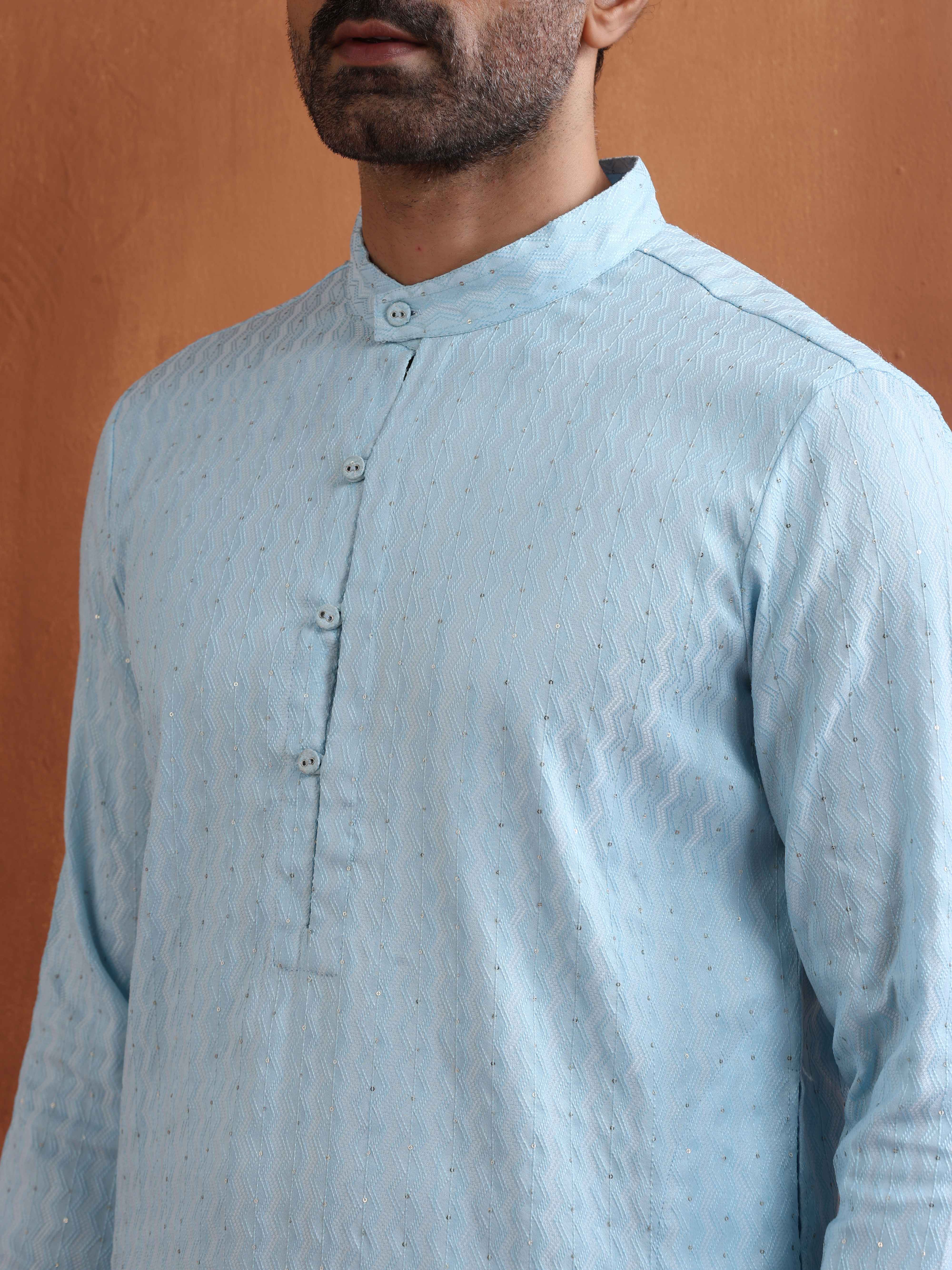 trueBrowns Men's Blue Sequin Chanderi Kurta