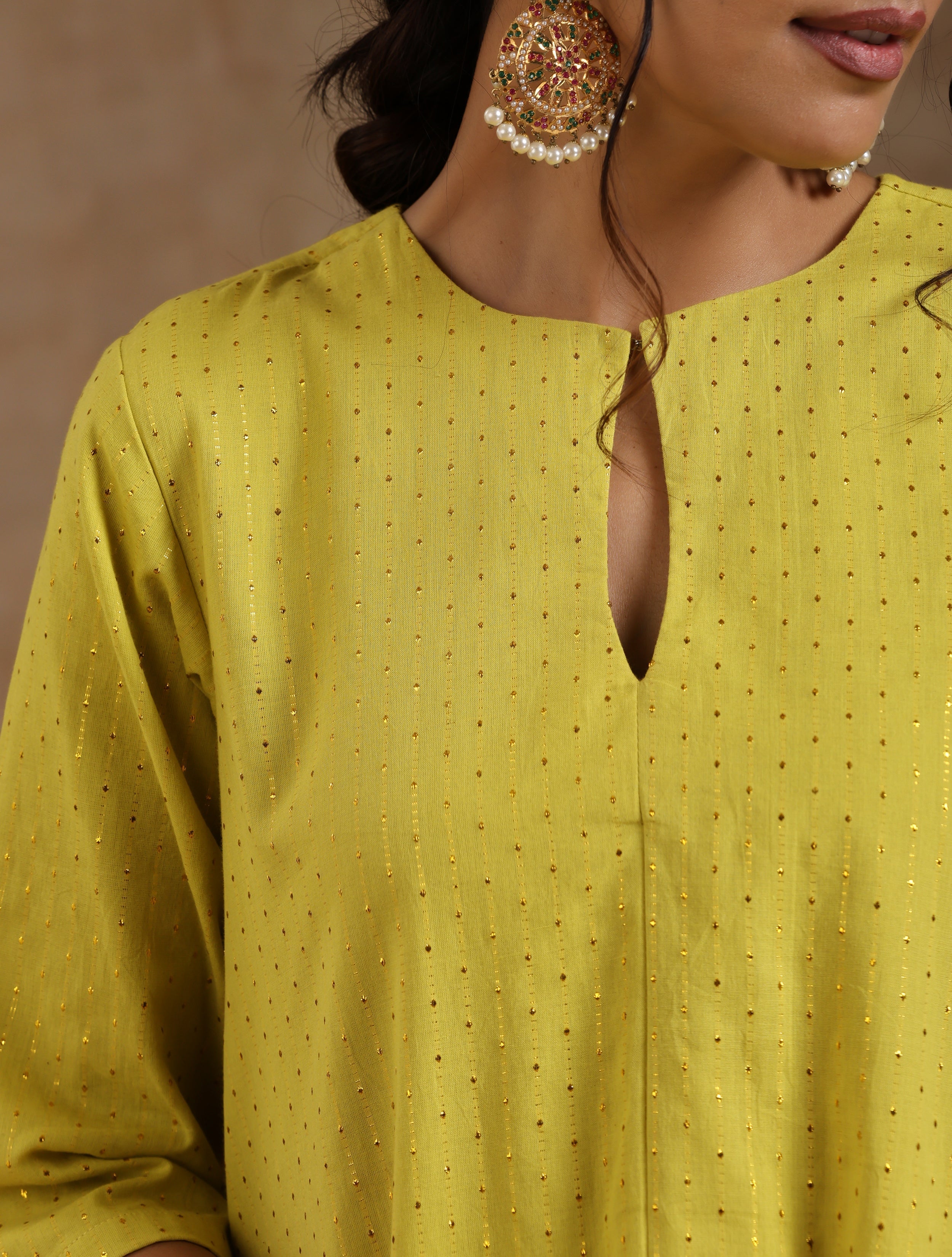 trueBrowns Lime Gold Cotton Handkerchief Kurta Set | Relove - Distacart