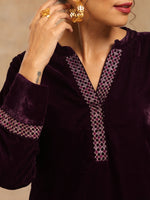 Thumbnail for trueBrowns Wine Velvet Placket Embroidered Co-ord Set - Distacart
