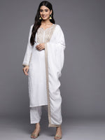 Thumbnail for Ahalyaa Women White Ethnic Motifs Embroidered Aari Work Pashmina Kurta with Salwar & With Dupatta - Distacart