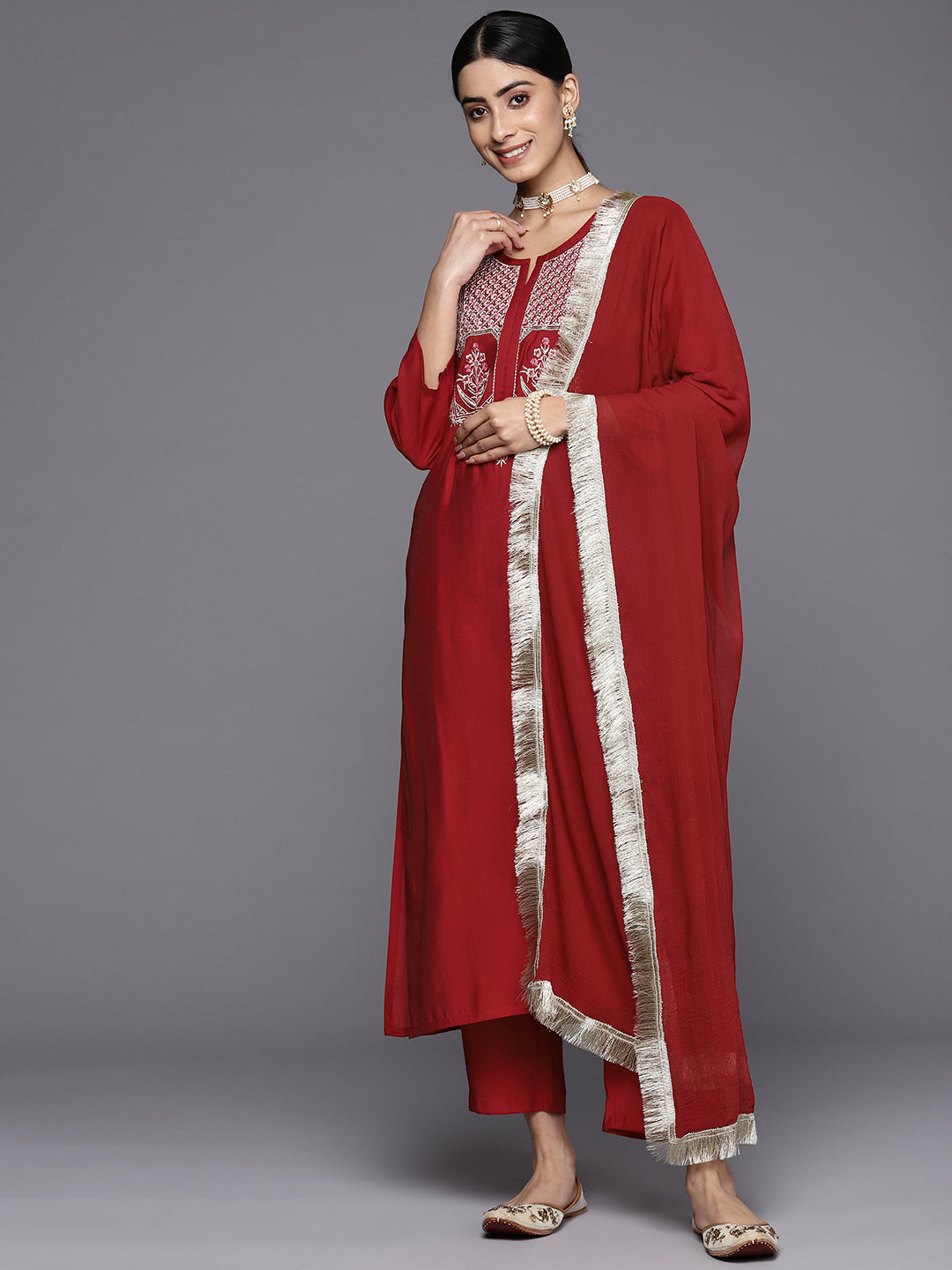 Varanga Women Red Three Quarter Sleeve Straight Kurta Set With Dupatta - Distacart