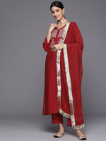 Thumbnail for Varanga Women Red Three Quarter Sleeve Straight Kurta Set With Dupatta - Distacart