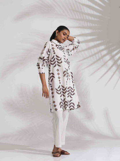 trueBrowns White Cotton Stripe Print Kurta Co-ord Set - Distacart