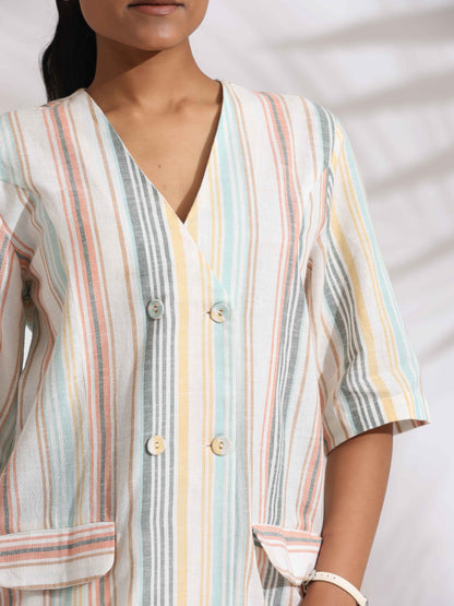 trueBrowns Off-White Cotton Stripe Jacket Top Co-ord Set - Distacart