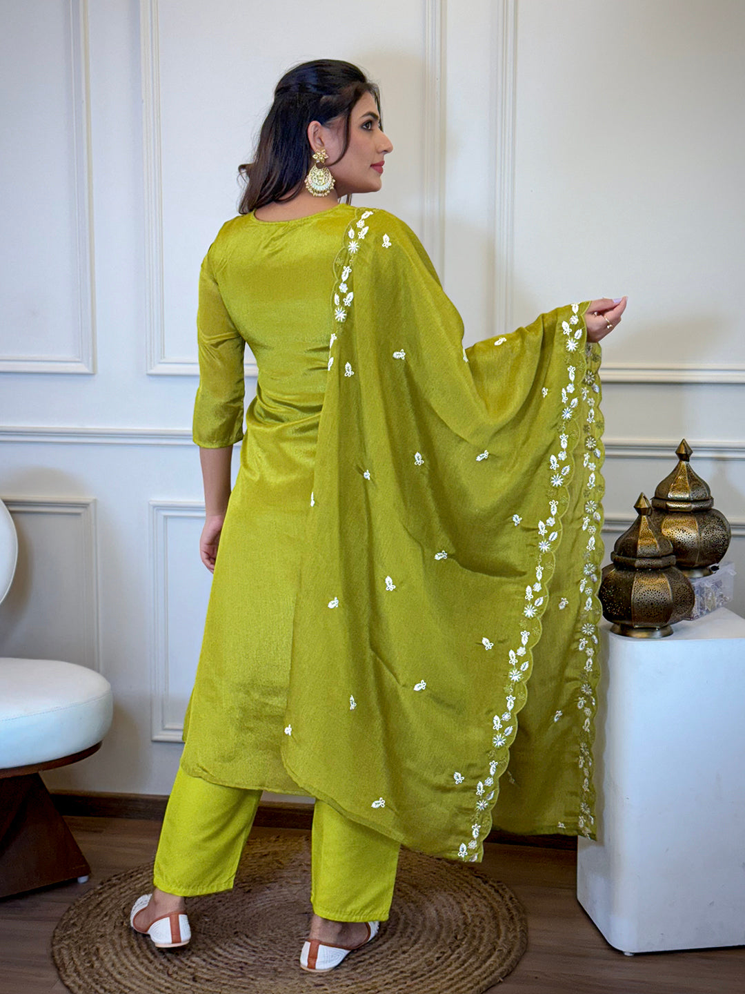 The52 Women's Gorgeous Chinon Embroidery Straight Kurta with Pant And Dupatta Set