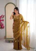 Thumbnail for Evanik Mehendi Mos Silk With Handwork Butterfly Design Saree With Unstitched Blouse