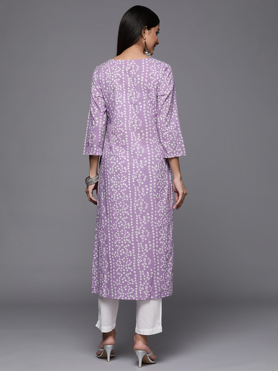 Varanga Lavender Bandhani Print Embroidered Kurta Has Round Neck - Distacart