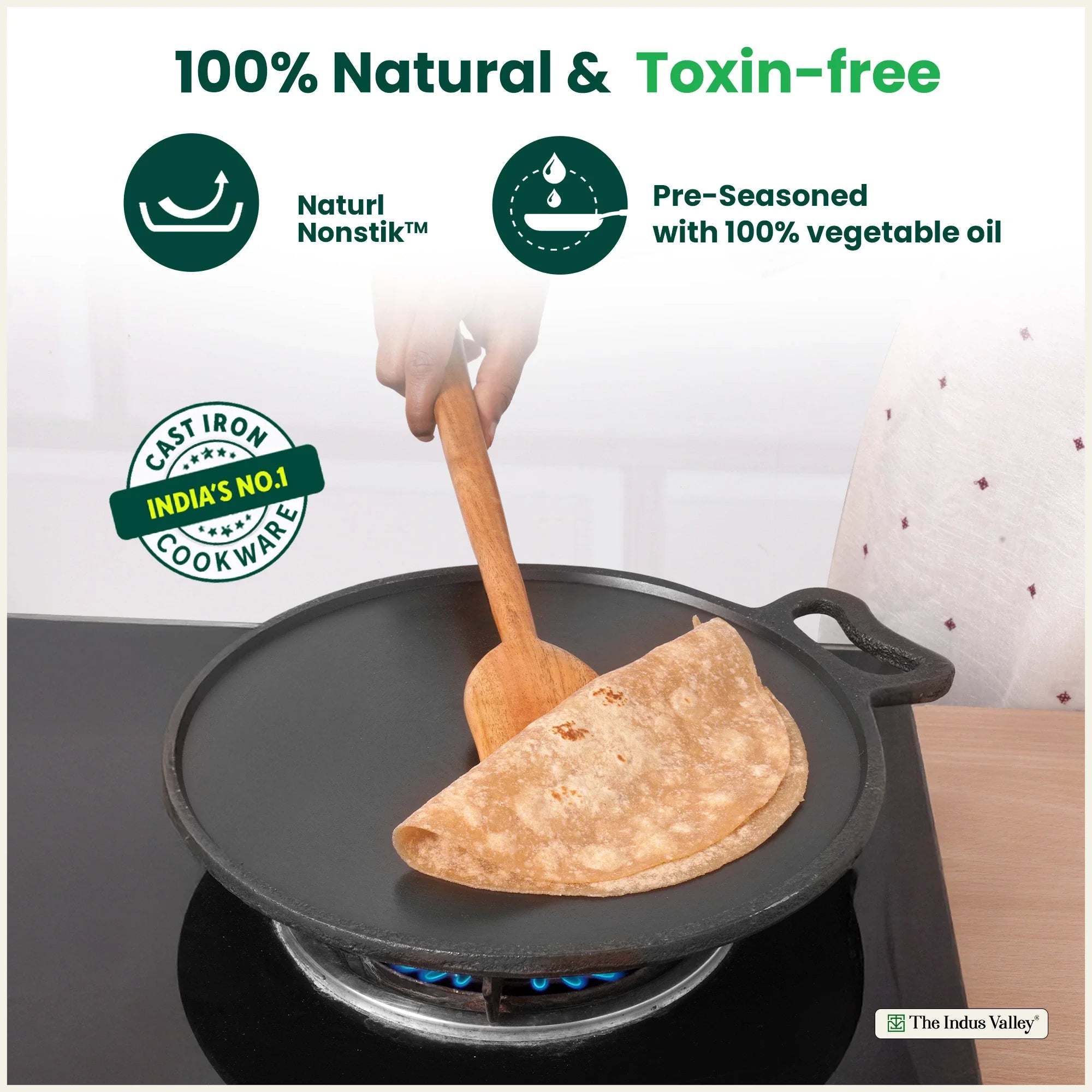The Indus Valley Super Smooth Cast Iron Tawa,Pre-seasoned, Nonstick, 100% Pure, Toxin-free, Spatula, 26.7cm/30.2cm