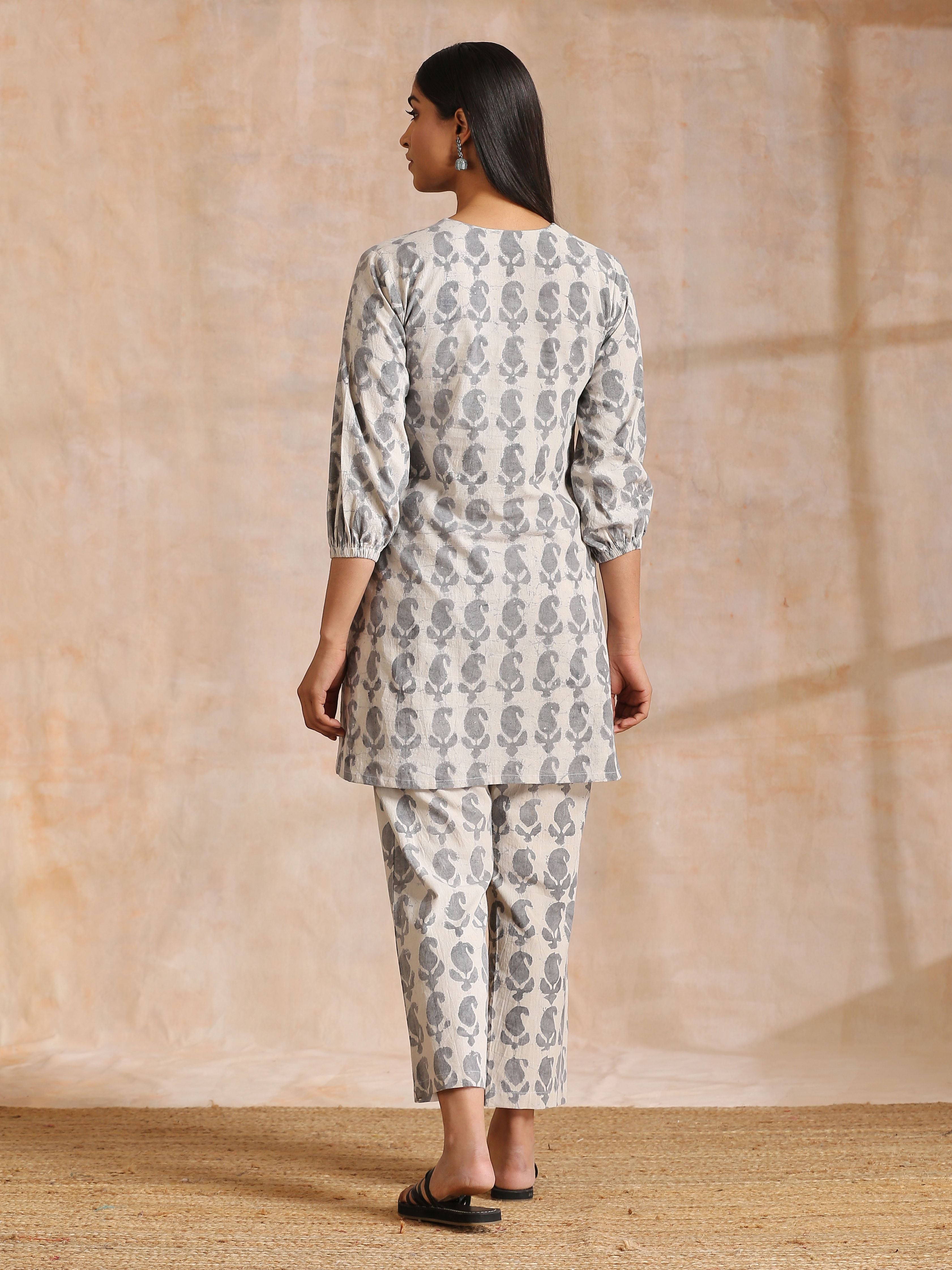 trueBrowns Grey Dabu Buta Print Cotton V-Square Neck Co-Ord Set - Distacart