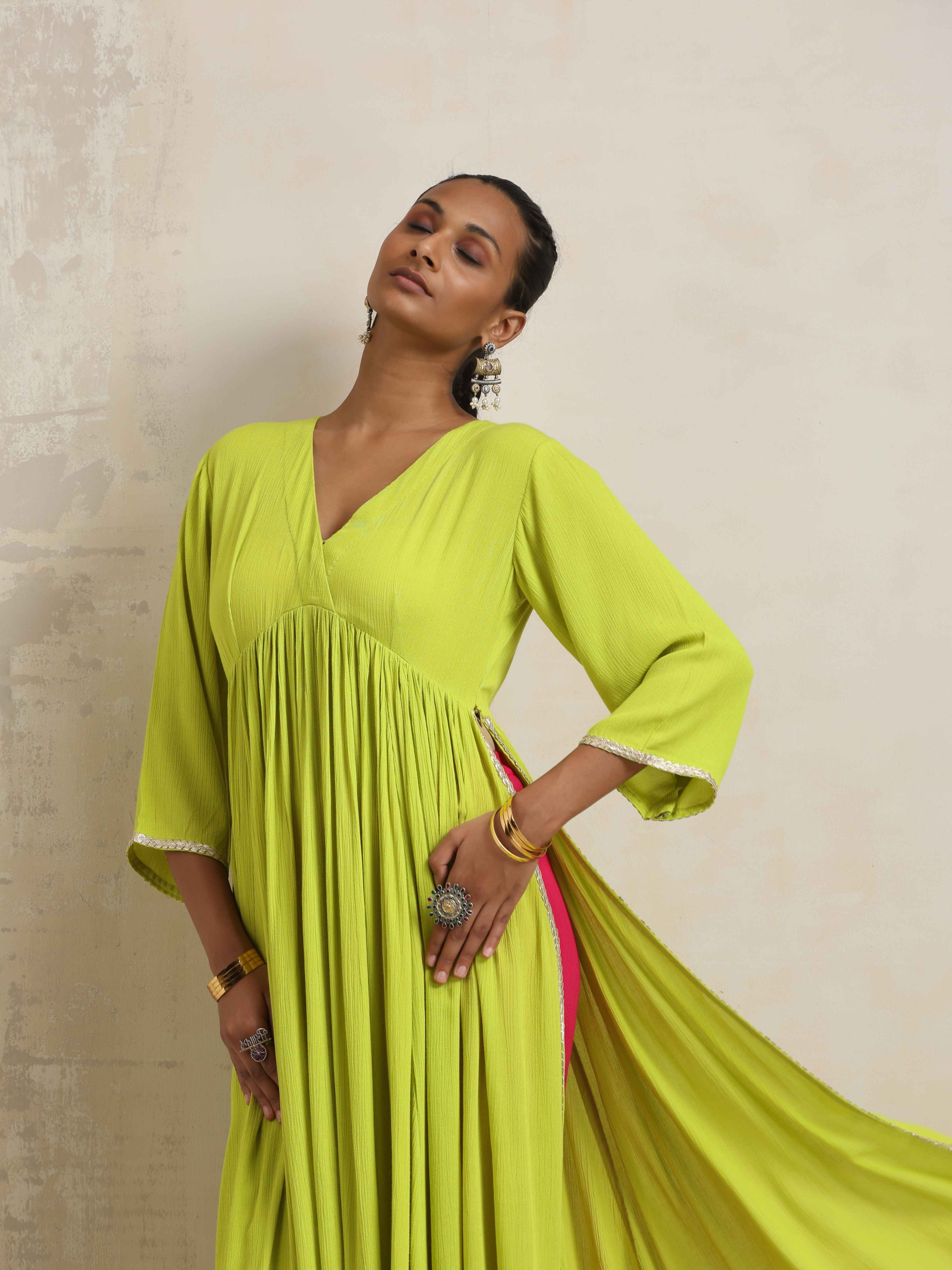trueBrowns Lime Crinkle Anarkali Flared Kurta Set - Distacart