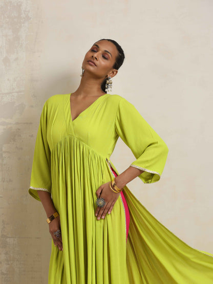 trueBrowns Lime Crinkle Anarkali Flared Kurta Set - Distacart