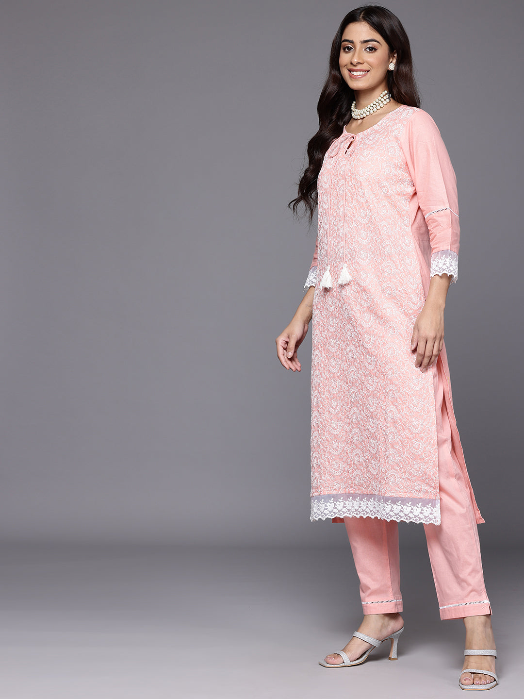 Varanga Women Peach Round Neck Chikankari Straight Kurta With Bottom And Dupatta - Distacart