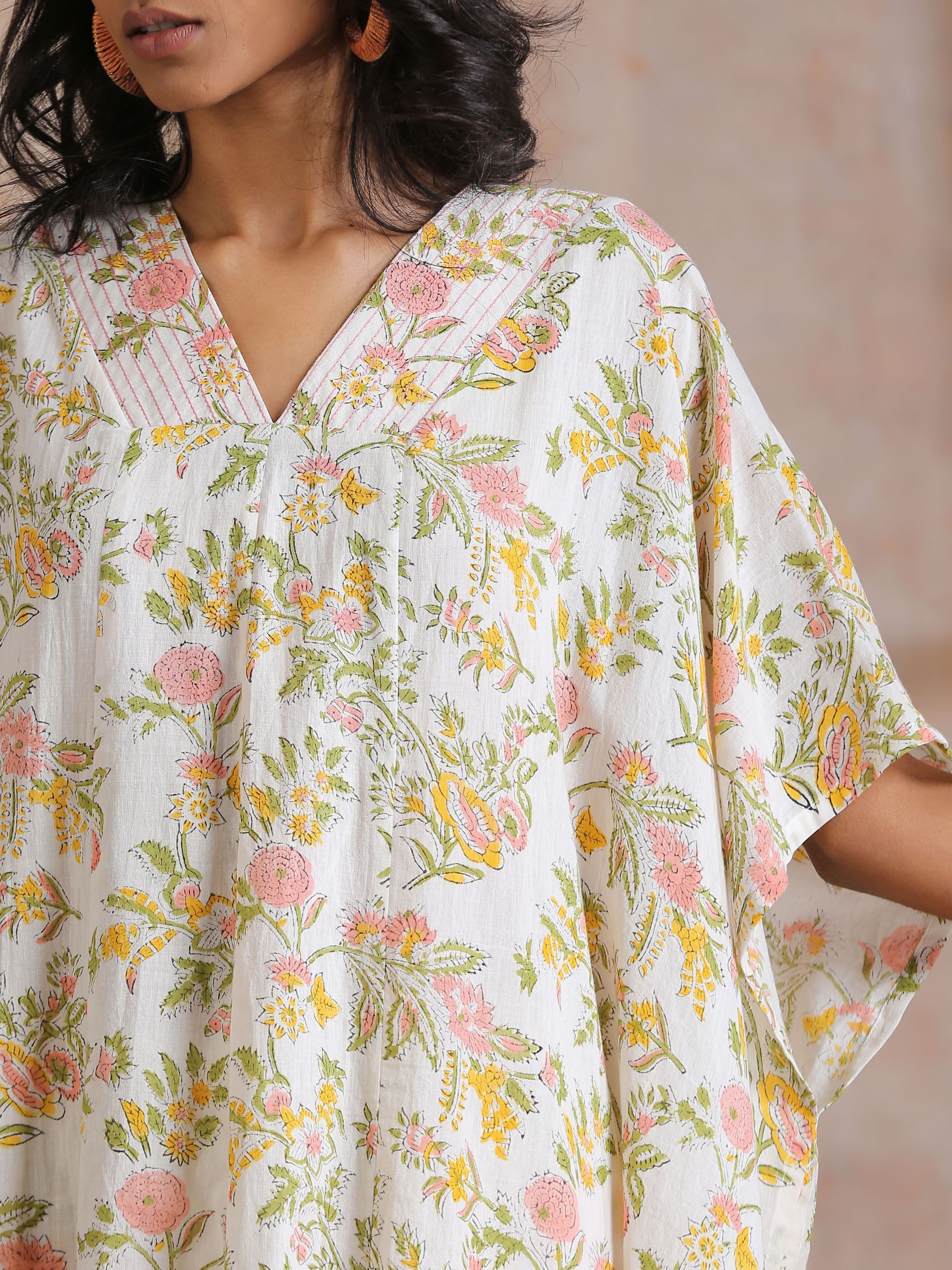 trueBrowns Pink Yellow Floral On White Block Print Cotton Panel Kaftan Kurta Pant Set - Distacart