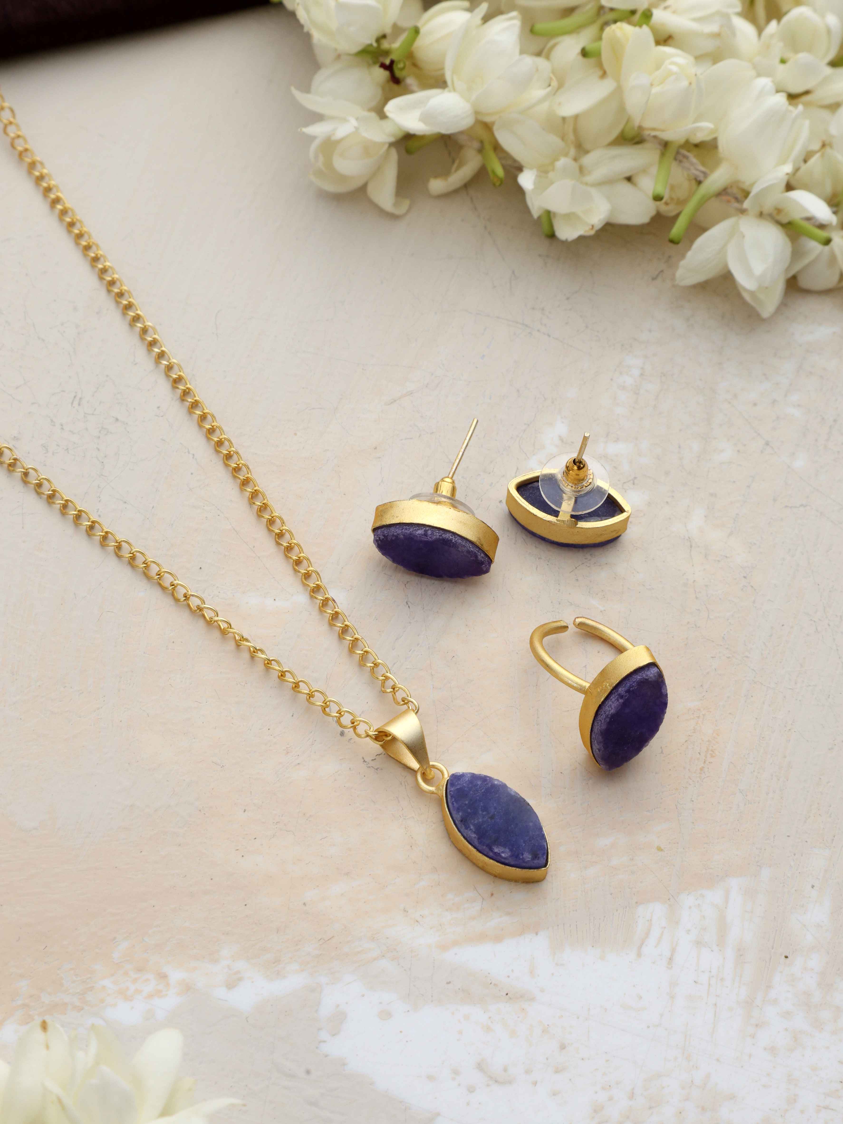 trueBrowns Gold Tone Blue Stone Pendant Set - Distacart