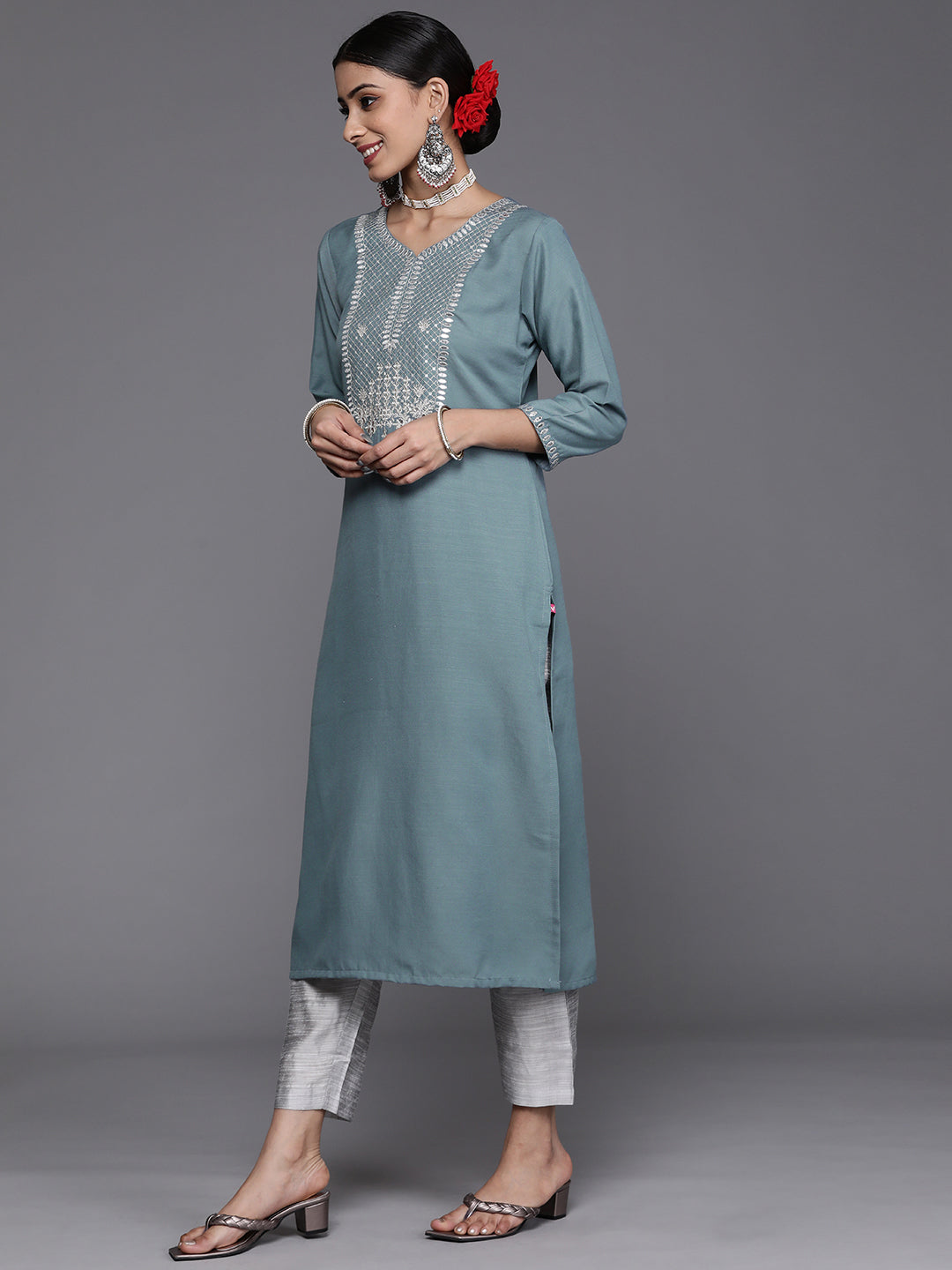 Varanga Women Blue & Silver Sequinned Yoke Design Kurta With Trousers & Dupatta - Distacart