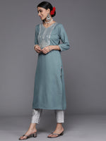 Thumbnail for Varanga Women Blue & Silver Sequinned Yoke Design Kurta With Trousers & Dupatta - Distacart