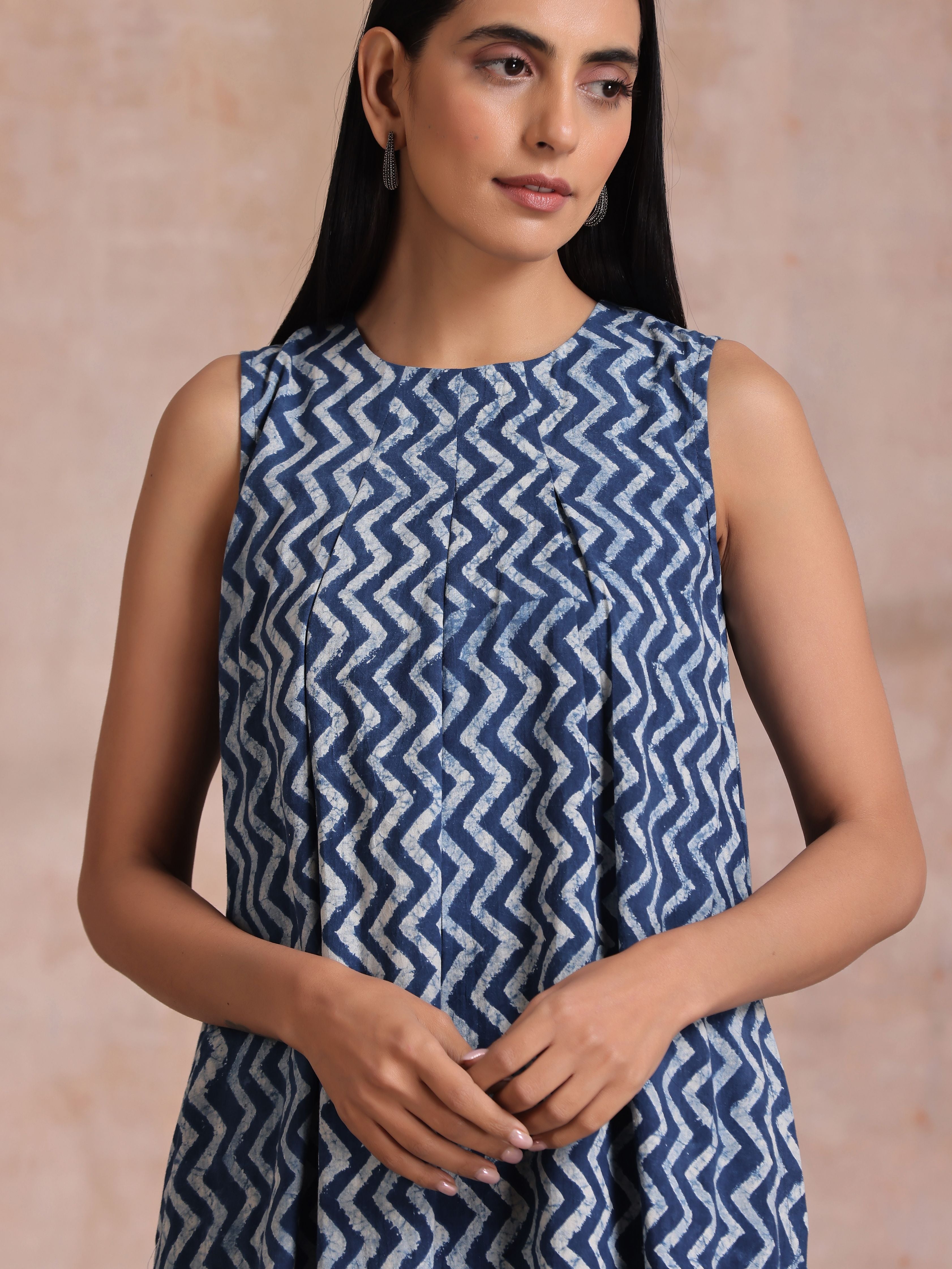 trueBrowns Indigo Dabu Zig-Zag Lines Print Cotton Sleeveless Kurta Pant Set - Distacart