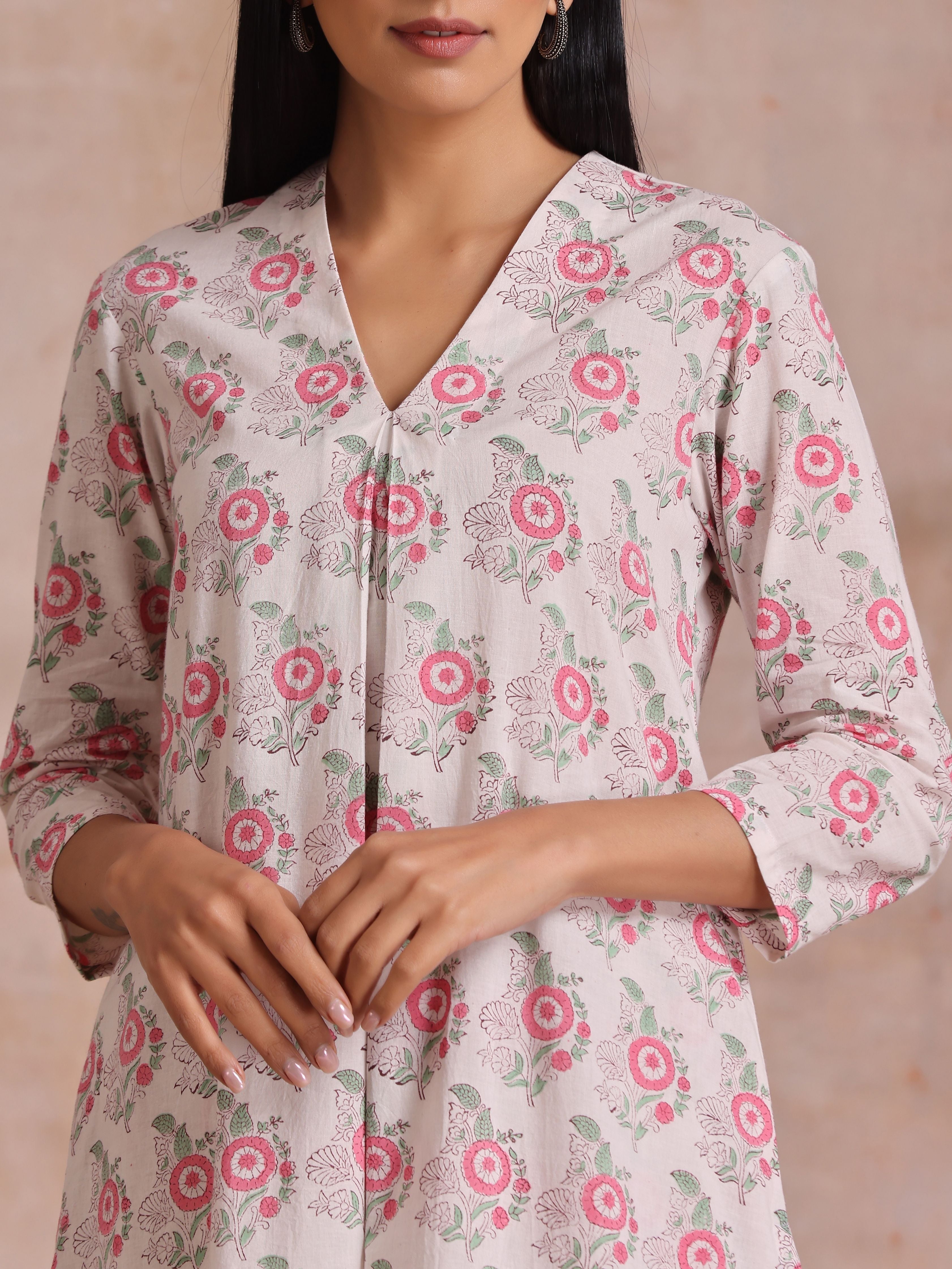 trueBrowns Pink Green Buta On White Block Print Cotton Slit Kurta Pant Set - Distacart