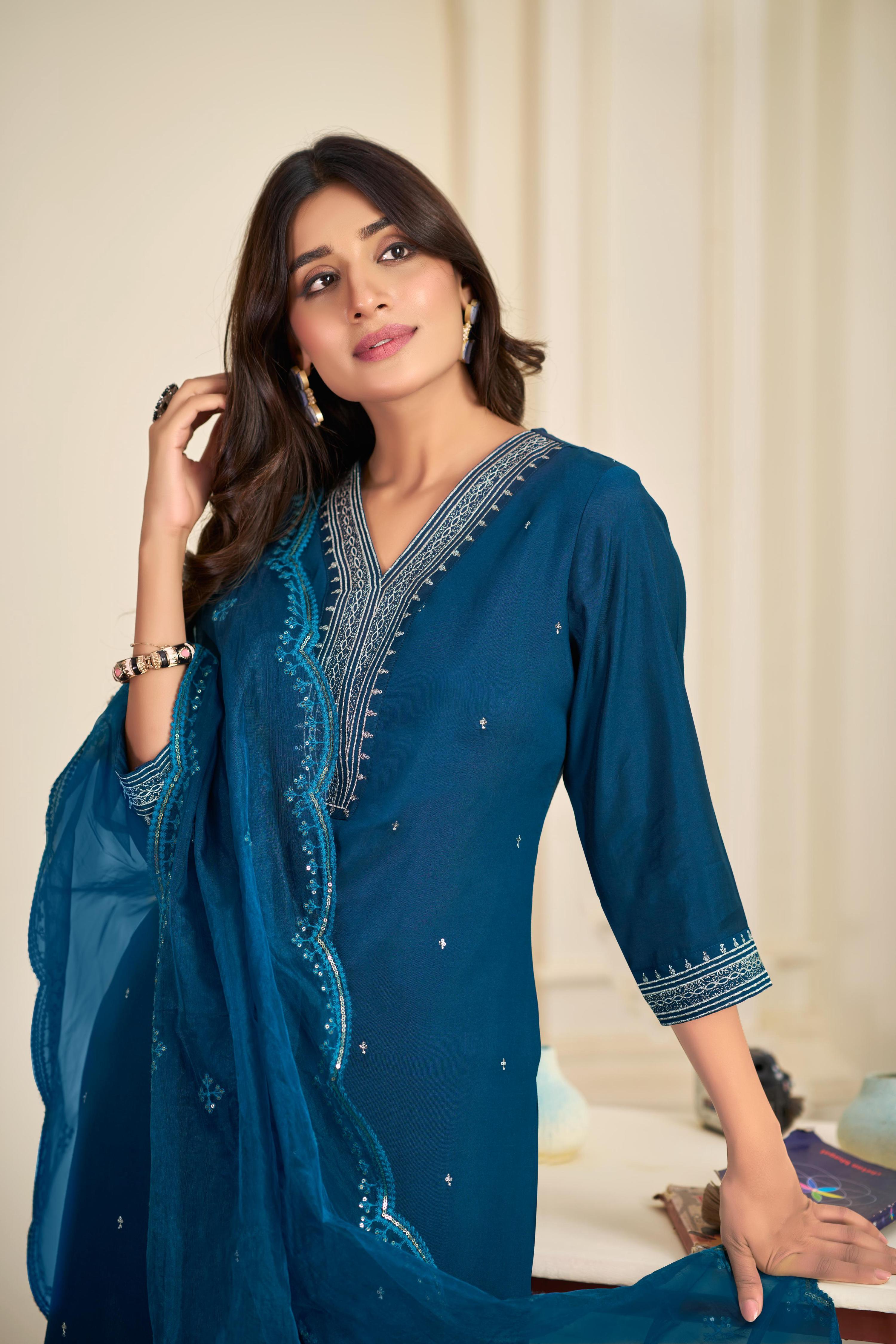 BulBul Ragini Solid Teal Roman Silk Salwar Suit