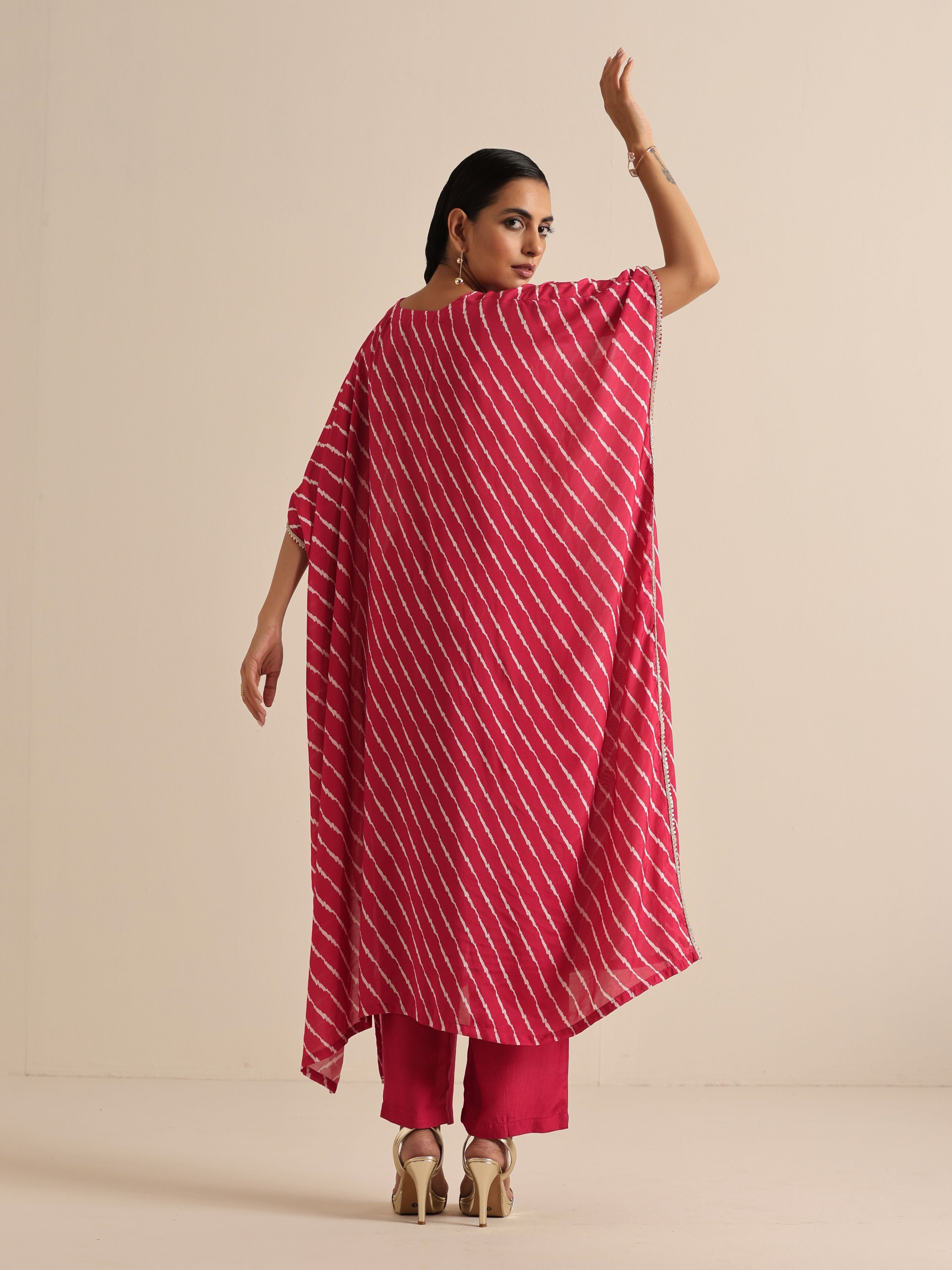 trueBrowns Pink Lehariya Printed Silk Kaftan Pant Set - Distacart