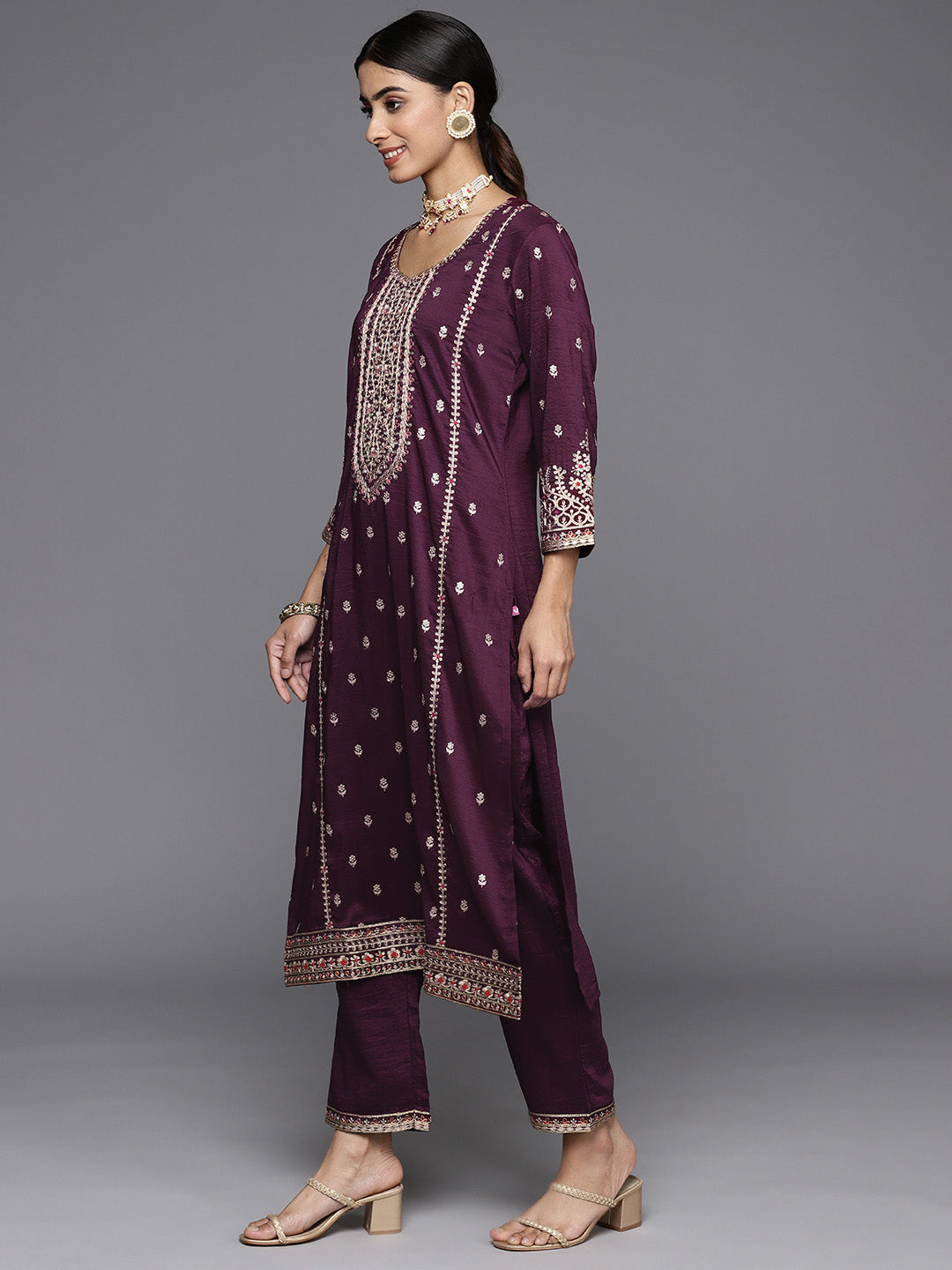 Varanga Women Burgundy Embroidered Kurta Paired With Tonal Bottom And Dupatta - Distacart