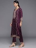 Thumbnail for Varanga Women Burgundy Embroidered Kurta Paired With Tonal Bottom And Dupatta - Distacart