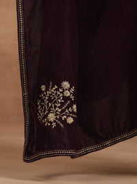 Thumbnail for trueBrowns Wine Velvet Embroidered Shawl - Distacart
