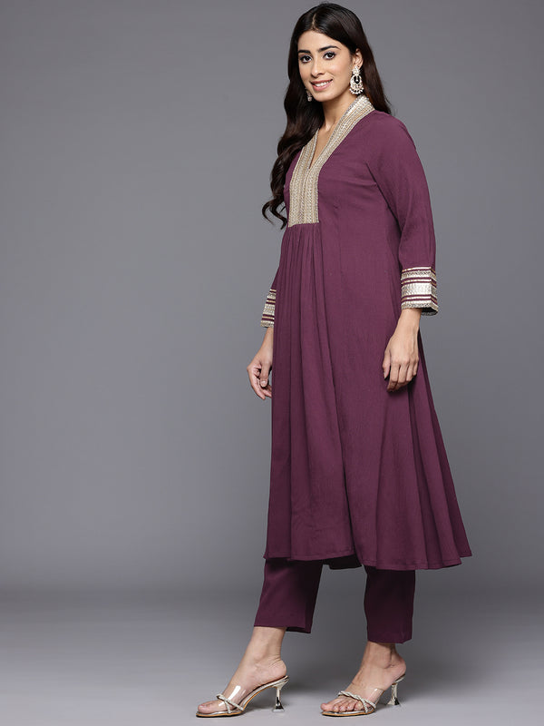 Varanga Women Purple Zari Lace Embellished Yoke A-Line Kurta Set - Distacart