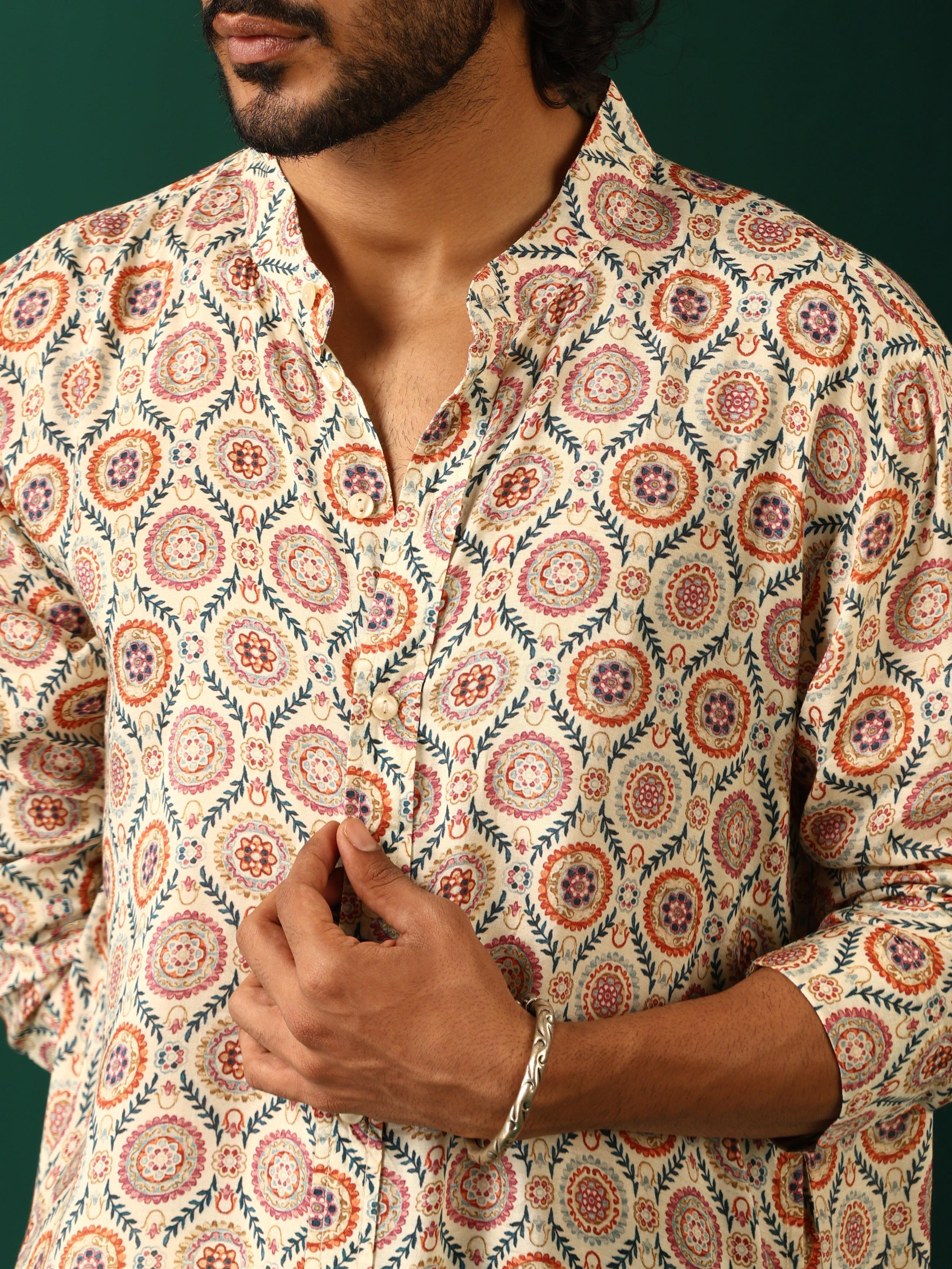 trueBrowns Men's Off White Circle Floral Muslin Silk Printed Long Kurta - Distacart