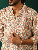Thumbnail for trueBrowns Men's Off White Circle Floral Muslin Silk Printed Long Kurta - Distacart